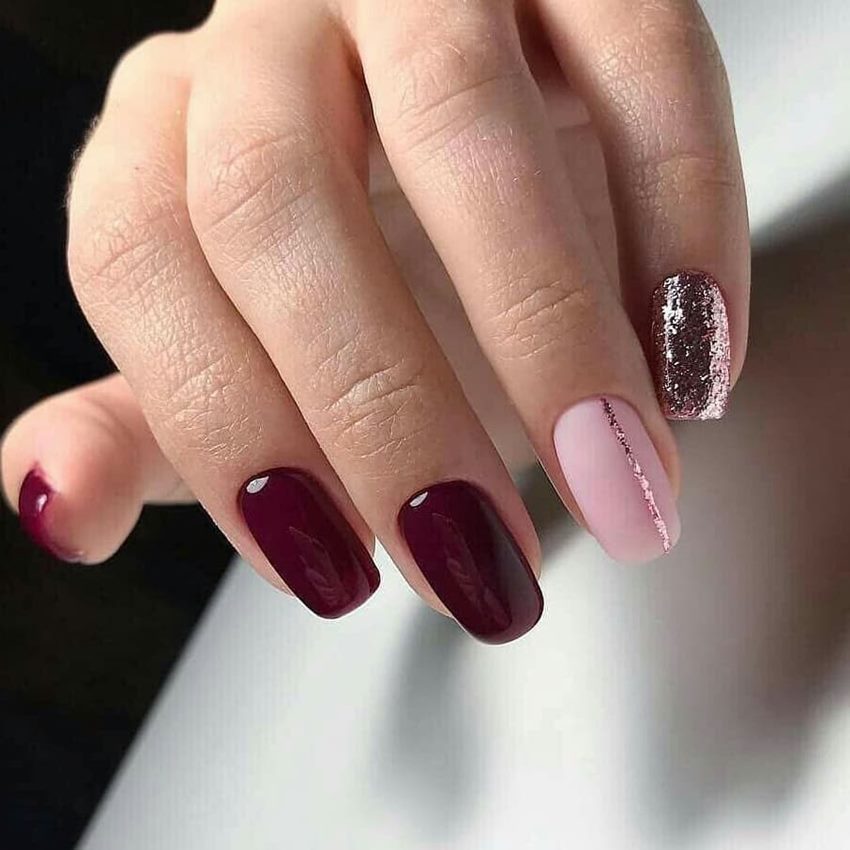 Бордовый дизайн ногтей с розовым